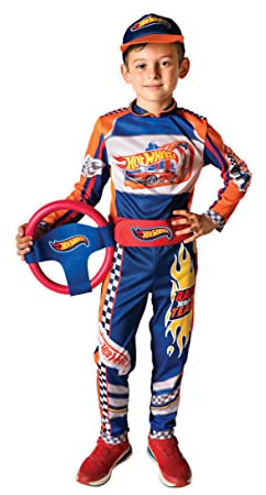 Ciao- Hot Wheels pilot suit Race Team costume disguise official boy (Size 5-7 years) with foam steering wheel, Blue, Orange