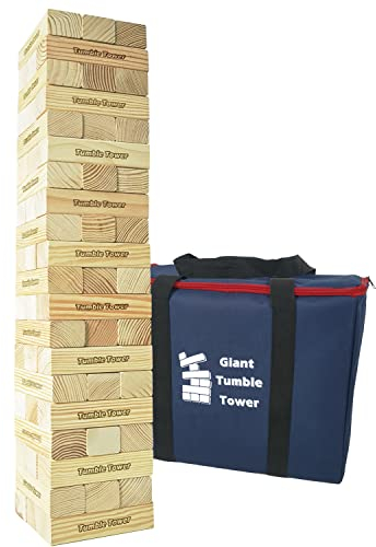 Jac & Mok Großer Wackelturm Spiel Holz Turmspiel aus Kiefer- Stapelturm 60 Bausteine mit Tragetasche - Giant Tumble Tower Pine Wooden Outdoor Games