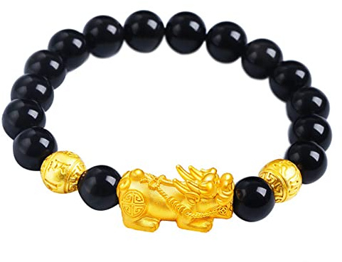 WCOCOW Feng Shui Armband, Pixiu-Drachen-Armband, natürlicher schwarzer Obsidian, Gold, Pi-Yao-Charm-Kristall-Armband, Talisman, Stein, Chakra, Quarz, Amulett für Glück, schwarzer Obsidian, 12 mm