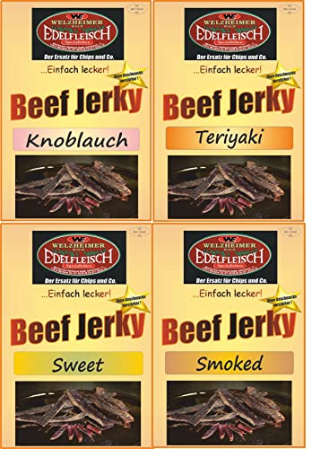 Edelfleisch 1200 Gramm Biltong Beef Jerky Probierpaket 4 Sorten Teriyaki+Knobl+Smoked+Sweet STIX