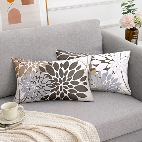 RYBornament Sofakissen Braun Grau 30x50 Polsterbezug Deko Kissenhülle Geometrisches Blume Muster Kissen Moderne Abstrakte Kissenbezug 2er Stück Leinen Kissenhüllen Für Wohnzimmer Garten Sofa Dekor