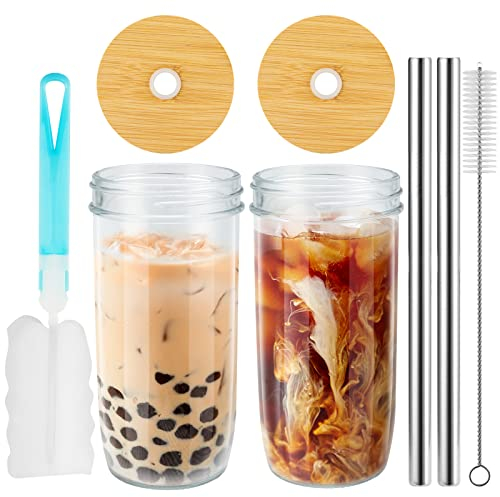 Drinking Glasses with Lids and Straws 2 Pack 24oz Bubble Tea Cups, Water Bottle Mason Jar Cups Glass Cups, Iced Coffee Cups with Wood Lids and Silver Straws Tumbler Cup with Cleaning Brush