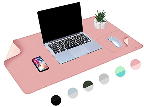 Schreibtischunterlage [2-er Set] 80x40cm - PU Leder Schreibtischmatte mit Mauspad, Rutschfest Schreibtisch Unterlegmatte, Wasserdicht Doppelseitige Schreibunterlage für Büro und Zuhause (Lila&Rosa)