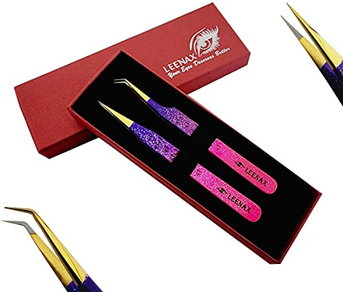 Leenax 2 Pieces Fiber Tip (Anti – Slip) Eyelash Extension Tweezers, Straight and 45-Degree Volume Tweezers, Japanese Stainless Steel, Hearts Design (Multi)