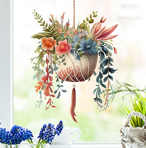 wolga-kreativ Fenstersticker Fensterbilder Glasdekorfolie Motiv Fensterfolie Fenstertattoo Hängende Blumen rot-blau im Keramiktopf Deko Küchenfenster wiederverwendbar selbstklebend Sichtschutz