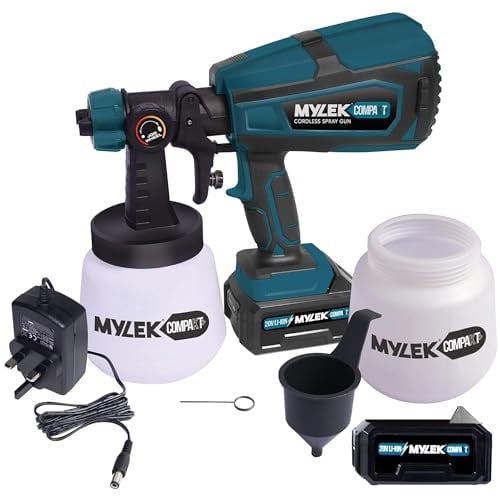 MYLEK Cordless Paint Sprayer Gun Kit 20V with Spare Battery - Lightweight - Li-Ion Battery - UK Charger - 2 Paint Cups - Professional Coverage, Sheds, Fences, Furniture, Walls