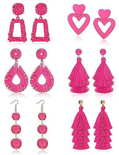 Morfetto 6 Paar Statement Ohrringe Boho Quaste Ohrringe Bastohrringe Baumeln Geometrische Ohrringe Fransen Tropfen Handgemachte Ohrringe Heiße Rosa Ohrringe für Frauen Mädchen Rosa