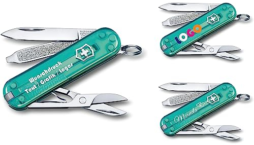 Taschenmesser CLASSIC SD mit Wunschdruck auf der Schale I Geschenk für Männer Frauen I Geschenke zum Geburtstag I Schweizer Taschenmesser personalisiert 7 Funktionen 0.6223 (türkis transparent)