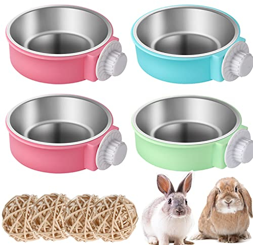 WoYous Ensemble De Bol De Lapin, Grand Bol De Nourriture De Lapin d'animal De Compagnie, Petit Bol De Cage d'animal Et Bol d'alimentation d'eau Suspendu en Acier Inoxydable (4pcs) (Couleur Mixte)