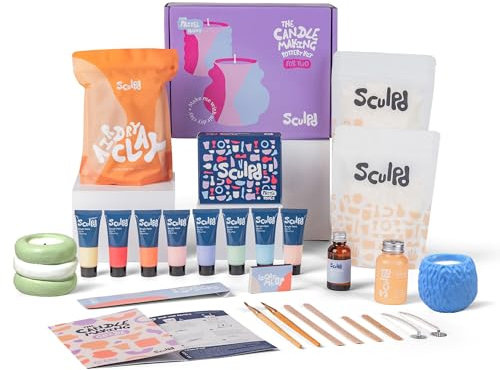 Sculpd Candle Making & Pottery Kit - Complete 2 Person Art Set: Includes Air Dry Clay, Soy Wax, Fragrance & Tools - DIY Arts Crafts Gift for Adults Candles Crafting (Peony Rose)
