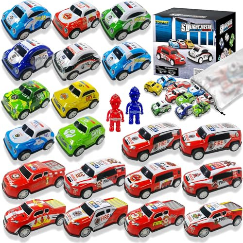 TOYABI Mini Toy Cars for Kids, 22pcs Metal Race Car Set(incl. 2 Dolls), Small Pull Back Playset, Micro Machines Vehicles Toys (Random Car Pattern) for 3 4 5 6 Year Old Boys, Birthday Party Gifts