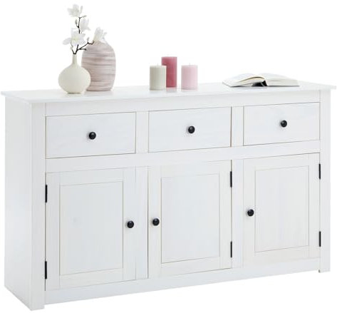 IDIMEX Buffet Blanc Paulo bahut en pin Massif avec 3 tiroirs et 3 Portes