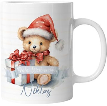 timalo® Tasse personalisiert mit Namen Geschenk „Frohe Weihnachten“ Kaffeetasse Jungen und Mädchen | Teddy