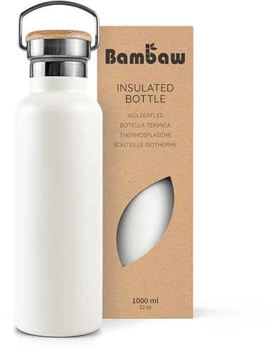 Bambaw Isolierflasche 1 Liter, Trinkflasche Weiß, Edelstahl Trinkflasche, Große Trinkflasche, Trinkflasche 1l Metall, Wasserflasche 1l – Polarweiß