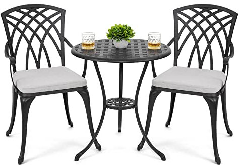 NUU Garden Ensemble de bistrot 3 pièces en Fonte d'aluminium avec Table et chaises avec Trou pour Parasol et Coussins Gris, Noir