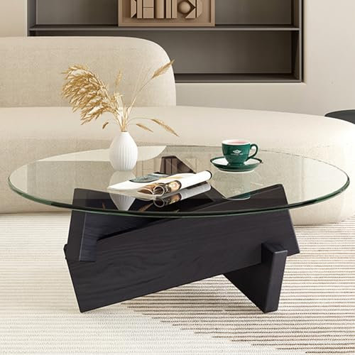 Mesa de café, mesa de centro redonda para sala de estar, mesa de centro moderna de cristal con patas de madera maciza, mesa central de mediados de siglo, mesa de cóctel circular grande (negro +