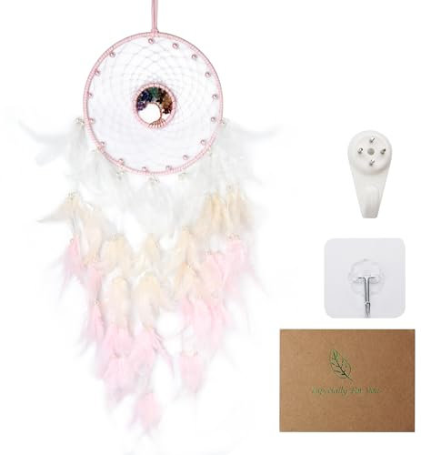 Miyouluna Attrape-rêves fabriqué à la main avec arbre de vie chakra – Cadeau de Saint-Valentin, 62 cm, plumes roses et blanches, décoration murale spirituelle pour énergie positive