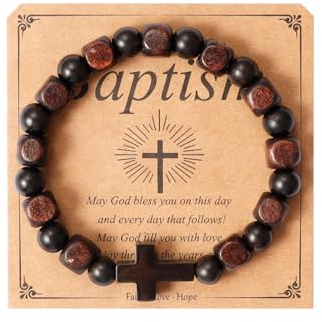 Eigso Black Onyx Beaded Cross Link Bracelet Christian Gift for Men Women Mala Beads Praying Religious Wooden Beads Wristband for Man Woman