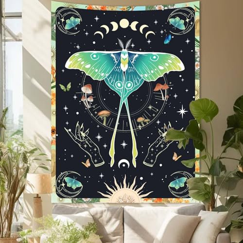 Kleiner Motten-Tapisserie-Wandbehang für Schlafzimmer, ästhetisch, Boho, Retro, Sonne, Mond, Schmetterling, Wandteppich, schwarze Luna, Motte, Sonne, Vintage-Pilz-Poster für Wohnzimmer, Wohnheim-Dekor