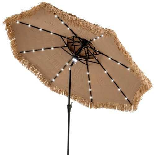 GYMAX Ombrellone Paglia PE 2,9 M, a 9 Strati, 32 Luci Led Solari, Inclinazione a 35°, Doppio Top, Struttura Stabile in Metallo e Antivento, Adatto Spiaggia, Giardino, Terrazzo, Hawaiano