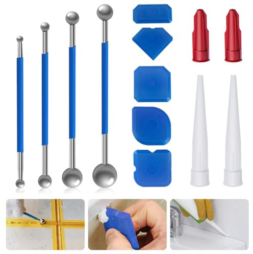 13 Stück Werkzeug Schaber Kit Fugenglätter Set, Caulking Werkzeug Kit mit Silikonfugenzieher Silikon Fugenglätter Glasklebespray, 3 in 1 Schaber Caulking Werkzeug für Badezimmer Küchenfliesen Fugen