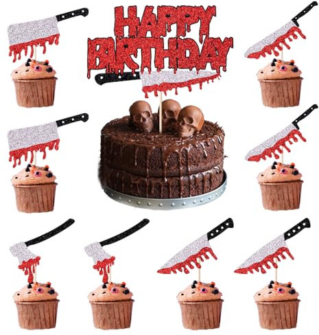 9PCS Have a Killer Birthday Glitter Cake Topper,For Horror Classic Halloween Bloody Theme Birthday Party Decorations，Friday the 13th Birthday Cake Topper，Halloween/Zombie/Vampire Horror Party