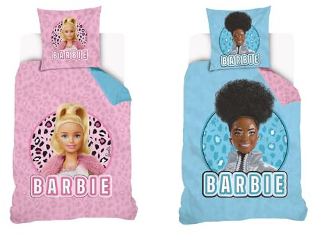 SAHINLER créateur d'univers Barbie - Housse De Couette réversible Barbie 140x200 cm + 1 taie d'oreiller 63x63 cm - 100% Coton - Rose et Bleu