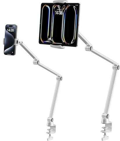 LULULOOK Tablet Halterung Bett, Aluminum iPad Halterung Bett mit Dehnbar Langer Arm, Einstellbar Kindle Halterung 2 Clips Tisch Ständer für iPad Pro 13 2024/iPhone 16 Pro/Galaxy Tabs/Kindle, 3.5-13