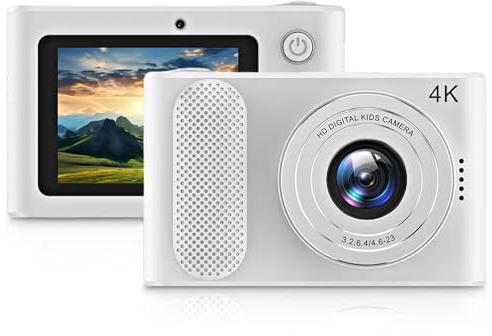 Digitalkamera, 4K-Kinderkamera, HD, 48 MP, 16-facher Zoom, Digitale Videokamera mit 2,4-Zoll-Bildschirm, Kompakte Kleine Kamera für Reisefotografie, Vlogging (White)