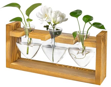 CMANLNYK 3 Pcs Heart-Shaped Glass Vase - Glass Plant Propagation Station with Vintage Wooden Stand, Hydroponics Plant Terrarium Propagation Station for Indoor Desk Decor