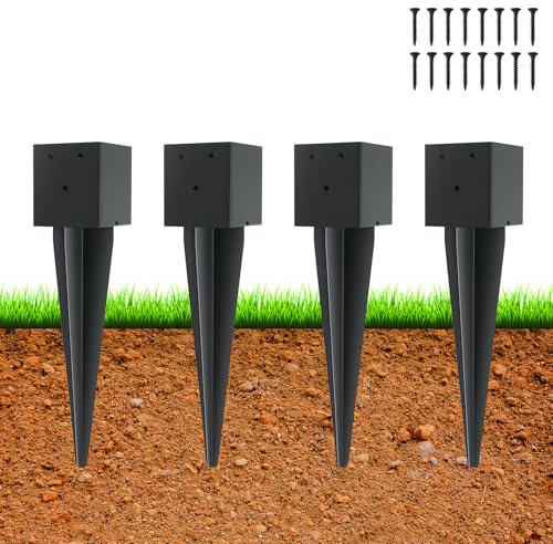 4 Pcs 4x4 Fence Post Anchor Ground Spike,(Internal 3.6x3.6),Metal Post Stake Ground 16 with Black Powder-Coated,Fence Stakes Post Base for Deck,Fence,Porch,Railing,Mailbox
