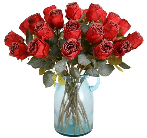 Kisflower 20 Pcs Artificial Rose Flower,Silk Blossom Rose Realistic Flower for Table Office Party Wedding Home Decor(Red,20pcs)