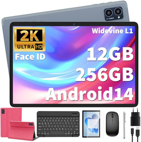 JJGJ Android Tablet Mit Tastatur, 10 Zoll, Android 14, 12GB+256GB, 1TB Erweiterbar, 2K Display, 8-Core, 7000mAh, 5G WiFi, 13MP+5MP Kamera, 2 in 1 Mit Maus, Stylus (Rosa)