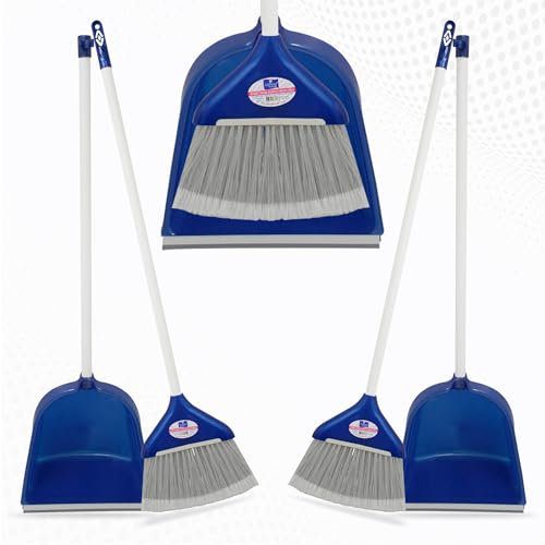 KMJ Blue- 2 Pack Long Handled Dustpan and Brush Sets, Portable Cleaning Brush and Pan Set-Durable Bristles & Easy Sweep Due to Rubber Blade- Lightweight Design Broom and Dustpan Set Long Handled
