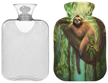 SKYSHU Faultier-Wärmflasche, transparent, auslaufsicher, waschbar, hitzebeständig, Wasserflasche mit weichem Plüschbezug, für Menstruationskrämpfe, Nacken- und Schulterschmerzen, 2 l