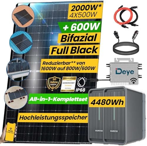 All In One Balkonkraftwerk 2000W Komplett Steckdose, 4,48 kwh Marstek B2500-D Speicher mit DEYE 1600W WIFI Wechselrichter, Smart Meter- 4x500W Bifaziale Solarpanel, mit Flachdach Halterung