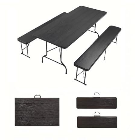 Sinlikon - Juego de mesa plegable para comedor, jardín, 2 bancos plegables, mesa plegable exterior para camping, pícnic, resistente, estable, resistente al agua, negro (mesa*1+bancos*2)