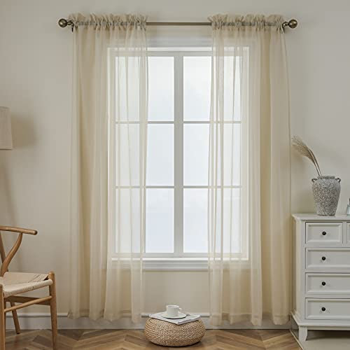 Demetex Linen Net Curtains 96 Drop 2 Panels Long Voile Curtains Decorative Sheer Curtains with Rod Pocket for Home Office Windows, 137 x 244 cm, Linen