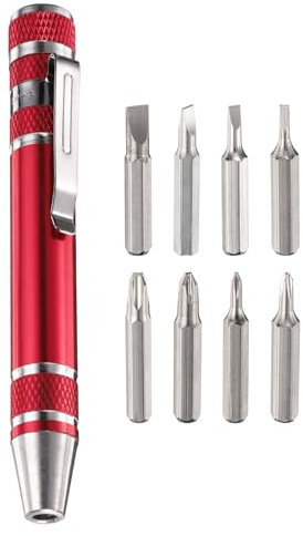 sourcing map 8 in 1 Mini Pocket Pen Screwdriver Set CR-V Multi-Function Small Magnetic Screw Driver with Phillips and Flat Head Bits for Computer Eyeglasses, Red