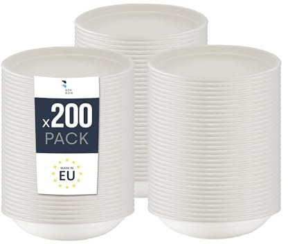 BenBow Bol Desechable de Bagazo 1000ml Unidades x 200, Cuencos Desechables, Platos para Sopa, Biodegradable, Resistente al Calor hasta 95°C, Ideal para Catering, Con Tapa
