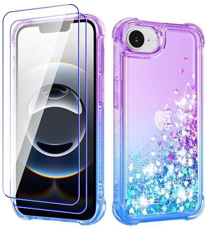 Pilaru Lovely Glitter Case for iPhone 16e 2025 [2 Screen Protector] Clear Liquid Heart Glitter Soft TPU Cover Transparent Girly Shockproof Protective Phone Case for iPhone SE 4,Purple/Teal