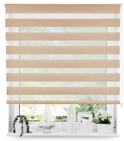 Tom'Shop Doppelrollo Duo Rollo mit Schrauben Beige 145cm x 150cm | Fensterrollo Seitenzugrollo mit Bohren für Lichtschutz Sichtschutz Sonnenschutz leichte Montage