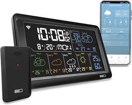 EMOS GoSmart - Stazione meteo WiFi con sensore esterno radio e app, display a colori, previsioni meteo a 5 giorni, termometro, igrometro, orologio - Tuya, Smartlife - compatibile con alimentatore