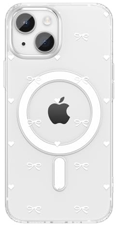 ZTOFERA Magnetische Klar Hülle für iPhone 15 (6.1), Weiß | Kompatibel mit MagSafe, Niedlich Schleife & Liebe Herz Muster, Transparente Handyhülle, Weiche TPU Stoßfest Schutzhülle