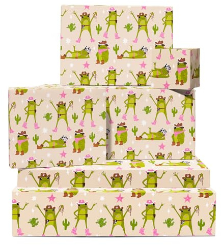 Funny Birthday Wrapping Paper - Froggy Cowgirl - 6 Sheets Gift Wrap For Kids Boys Girls - Giftwrap For Christmas Baby Shower - Green Beige Cream - Includes Tags - Recyclable