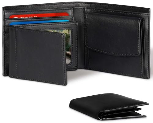 BAISHUNFU Men's Genuine Leather Bifold Wallet with RFID Blocking, Multiple Credit Card Slots, Coin Pocket, Includes a Removable Photo Frame Card Holder That Can Be Used Separately – Black