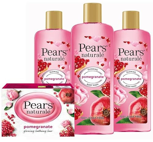 Pears Naturalé Body Wash Pomegranate 3x250ml & Soap Bar 100g | Glycerin Formula | Brightening, Moisturising & Gentle Daily Cleanser for Radiant, Hydrated Skin