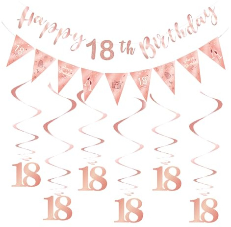 Deko 18. Geburtstag Mädchen,Rosa Girlande Geburtstag Rose Gold 18th Happy Birthday Party Banner Spiralen Luftschlangen Fotogirlande Decorative Sweet Set für Foto Hintergrund Nummer Geburtstagsdeko