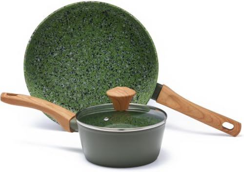 Jovire 3‑Pc Non‑Stick Cookware Set, 28cm Frying Pan, Saucepan w/Lid, Green | Suitable for induction & gas hobs | Dishwasher safe | PFOA‑free & PTFE‑free | Stylish & durable | Ergonomic handle