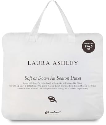 Laura Ashley Soft As Down All Seasons Duvet - 4.5 Tog + 9.5 Tog - Luxury Cotton Percale Cover, Silky Down-Like Hollowfibre Filling - Adjustable Year-Round Comfort (Super King)